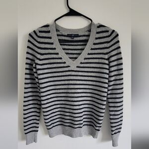 GAP Gray and Black Striped V-Neck Sweater